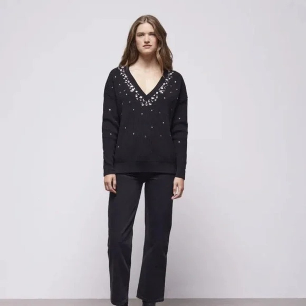 The Kooples Women's Black Crystal Embellished V‑Neck Knit Rhinestone Sweater – S